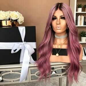 26” Wavy synthetic gradient ombre wig dark root with peach pink